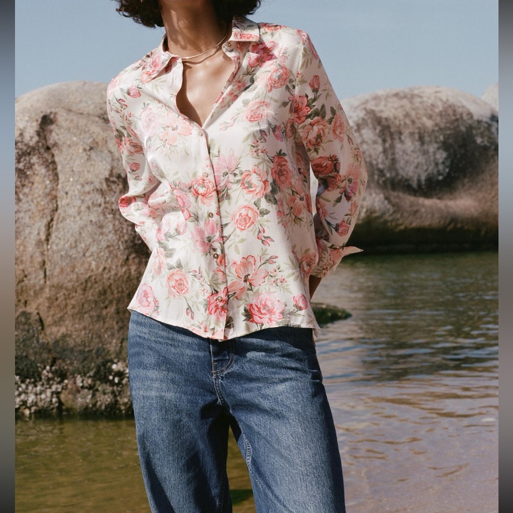 Metallic thread floral print shirt